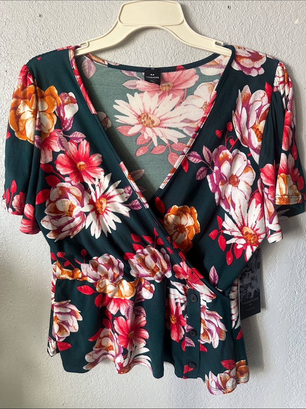 Floral Wrap Peplum Top - Dark Green with Pink & White Flowers